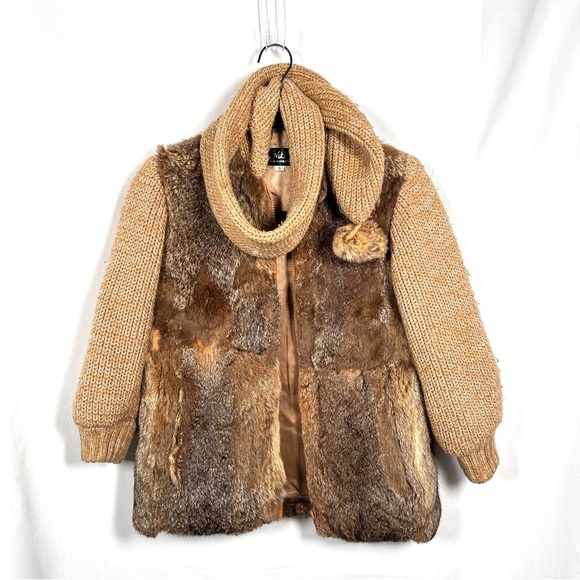 1980s Vintage Niki Rabbit Fur Knit Jacket Scarf Pom Pom Small - Picture 4 of 12